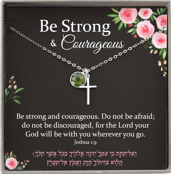 Joshua 1:9 Be Strong and Courageous Bible Verse Necklace, Religious Gifts for Women, Christian jewelry, Cross Necklace