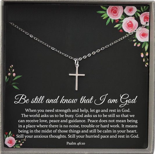 Be Still and know that I am God necklace, Psalm 46 10 Bible Verse Necklace, Cross Necklace with Inspirational Quote