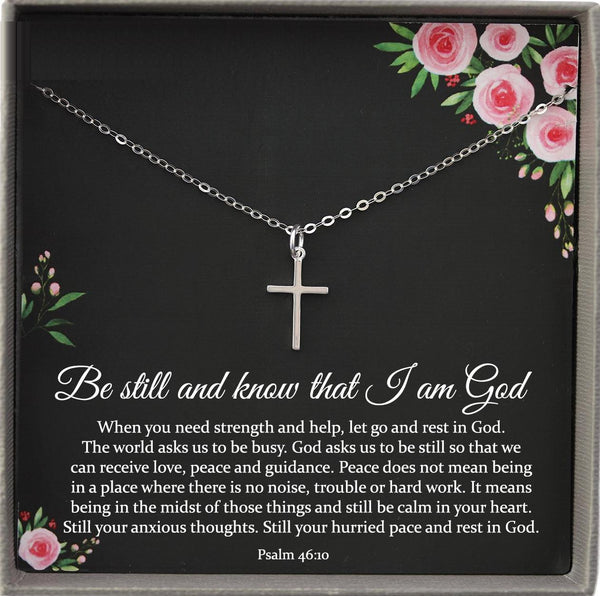 Be Still and know that I am God necklace, Psalm 46 10 Bible Verse Necklace, Cross Necklace with Inspirational Quote