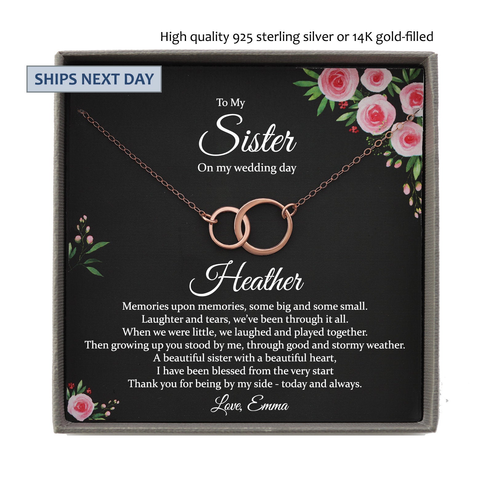 Sister of the Bride Gift Necklace, Sister Wedding Gift from Bride to Sister rehearsal dinner Gift to Sister on Wedding Day