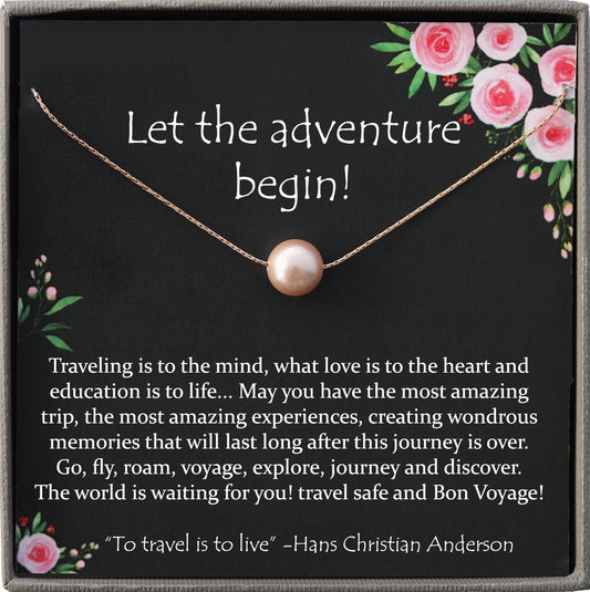 Wanderlust Jewelry, Travel Gifts for Women, Wanderlust Necklace Gold Filled Necklace Pearl Necklace Gift with Meaningful Message Card