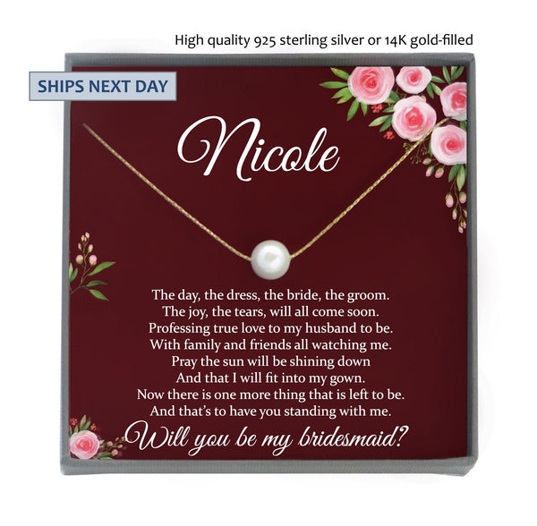 Will you be my Bridesmaid Proposal Gift, Personalized Bridesmaid Proposal Gift Single Pearl Necklace