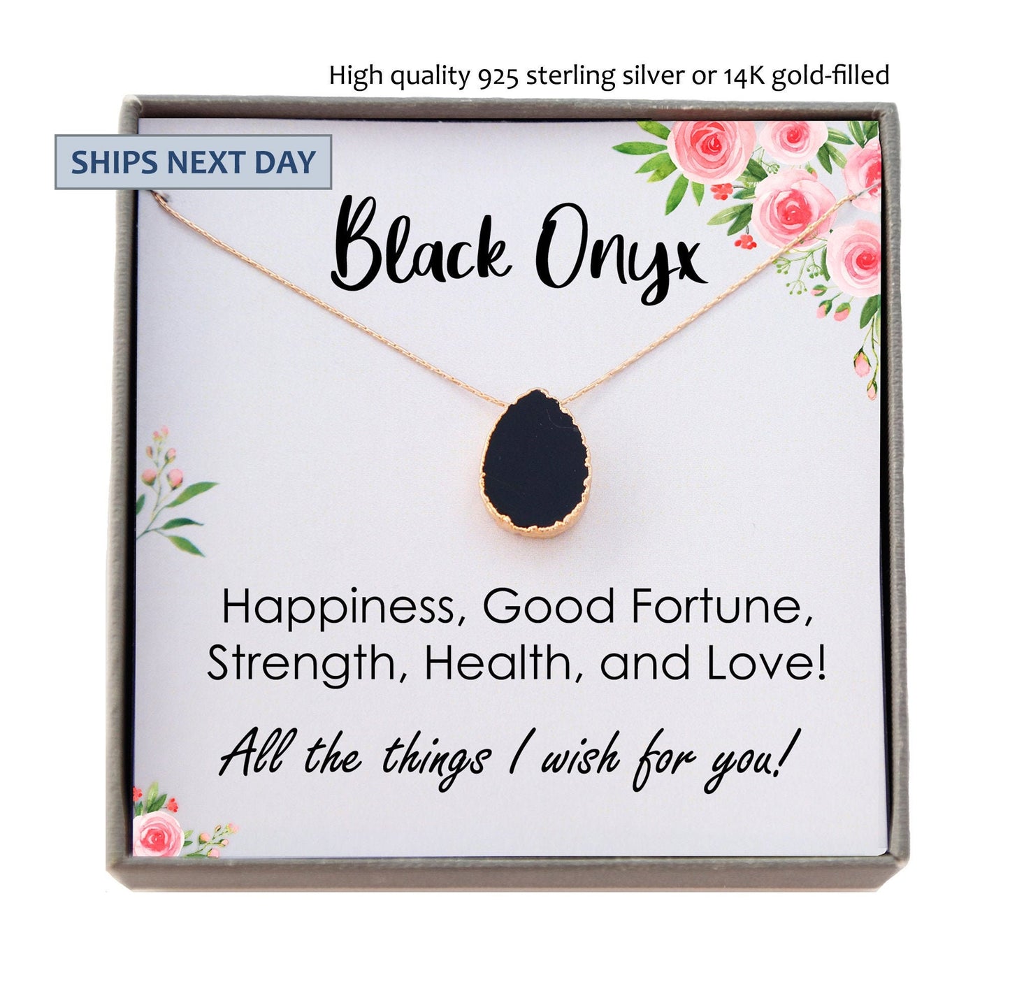 Black Onyx Necklace, Stress Relief Gift for her, Strength Necklace, Black Gemstone Pendant, Protection Necklace, Healing Crystal Jewelry