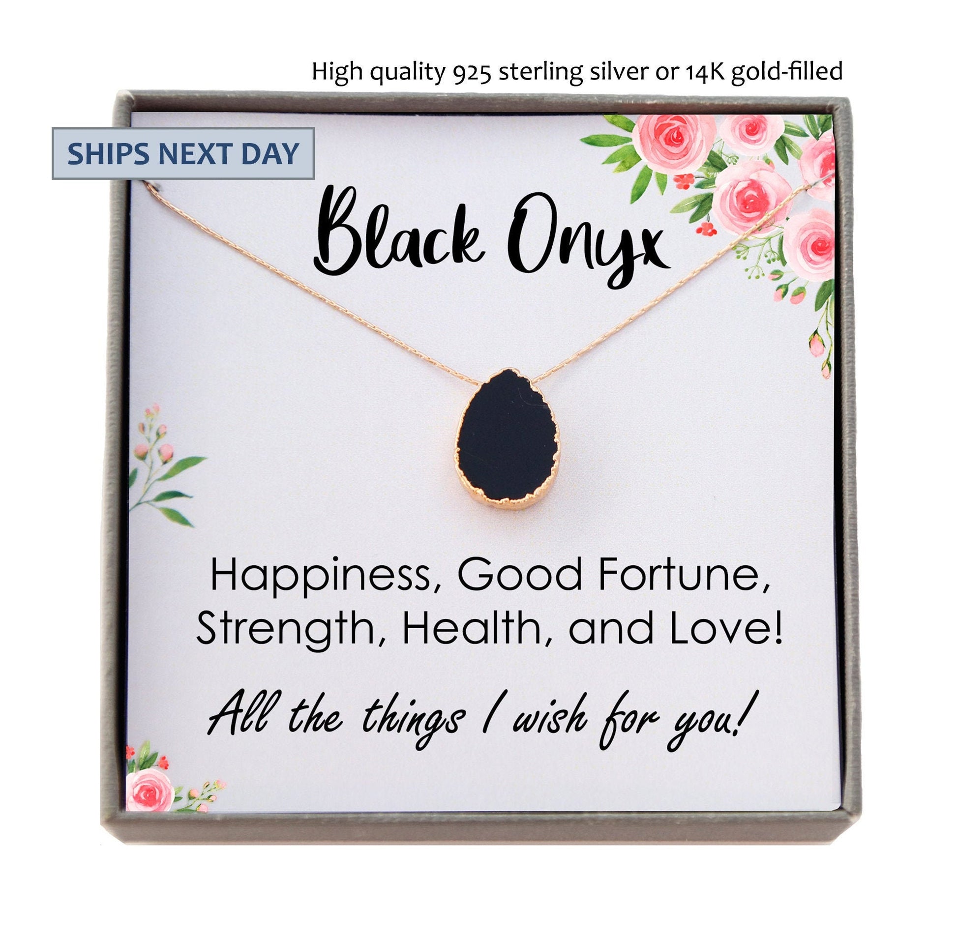 Black Onyx Necklace, Stress Relief Gift for her, Strength Necklace, Black Gemstone Pendant, Protection Necklace, Healing Crystal Jewelry