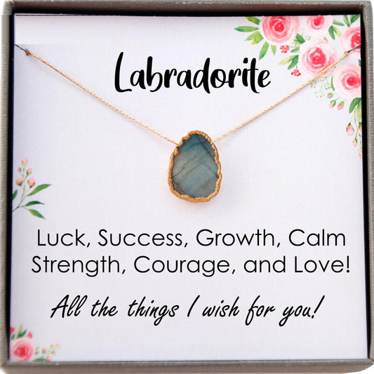 Labradorite Necklace Gold, Inspirational Gift Necklace, Natural Labradorite Gem Slice, Healing Gemstone Gift for Her, Labradorite Birthstone