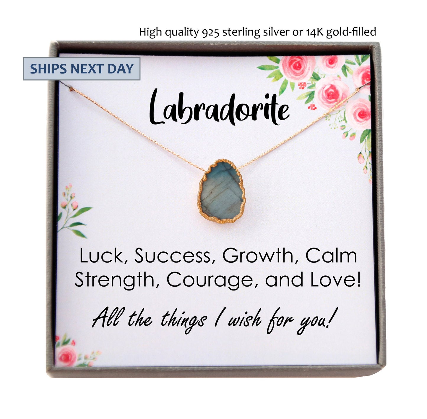 Labradorite Necklace Gold, Inspirational Gift Necklace, Natural Labradorite Gem Slice, Healing Gemstone Gift for Her, Labradorite Birthstone