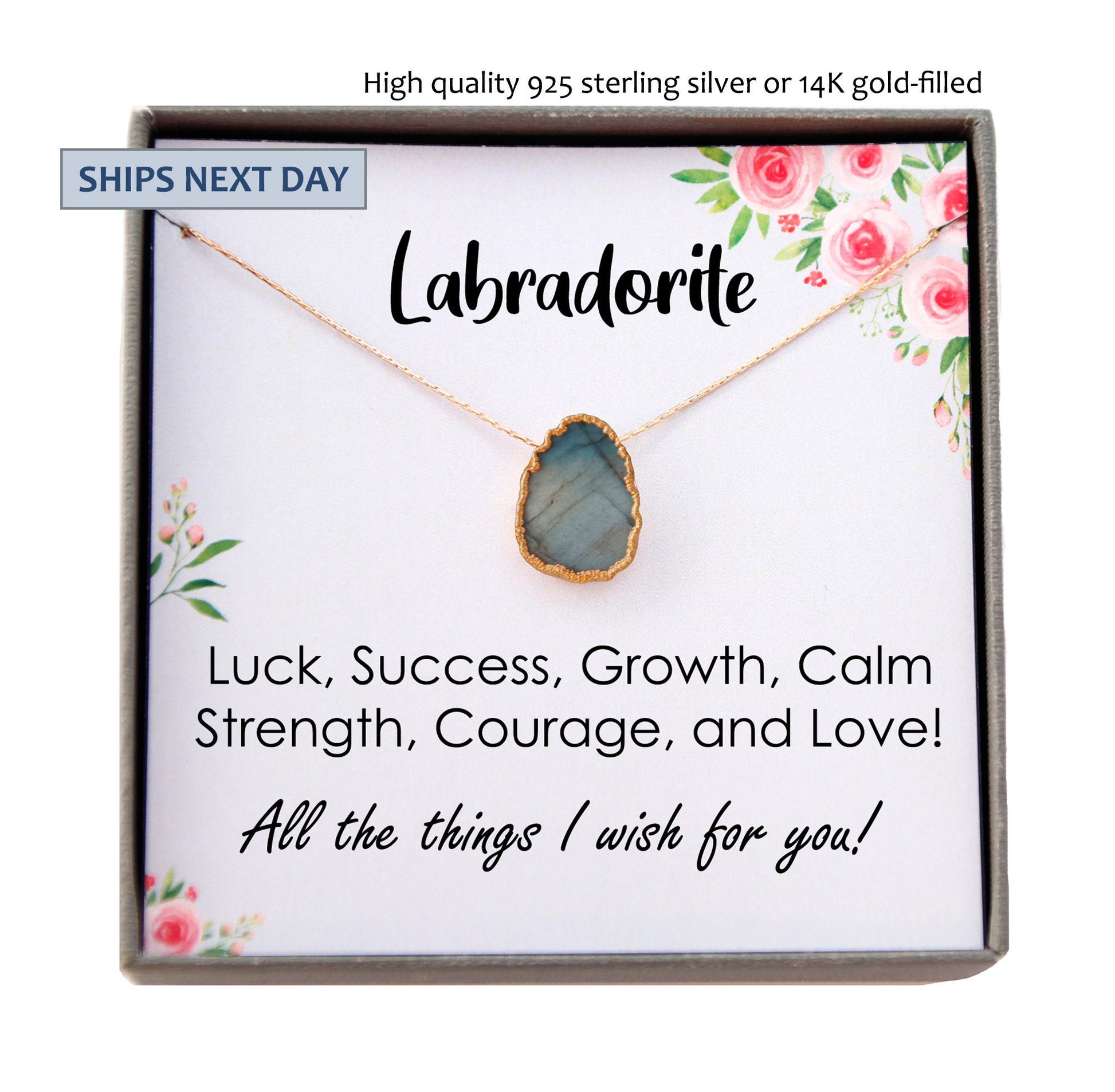Labradorite Necklace Gold, Inspirational Gift Necklace, Natural Labradorite Gem Slice, Healing Gemstone Gift for Her, Labradorite Birthstone