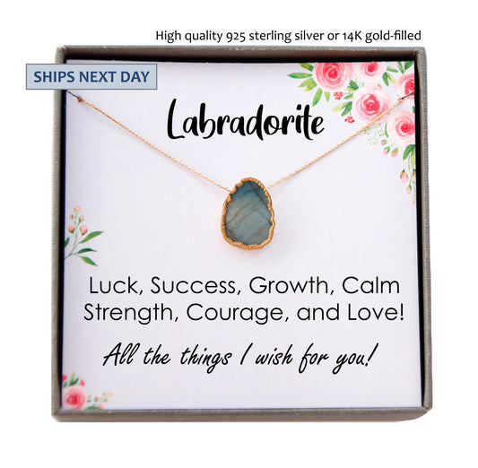 Labradorite Necklace Gold, Inspirational Gift Necklace, Natural Labradorite Gem Slice, Healing Gemstone Gift for Her, Labradorite Birthstone
