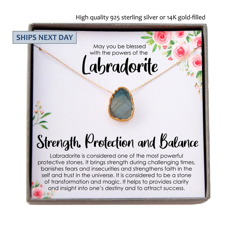 Labradorite Necklace Gold, Inspirational Gift Necklace, Natural Labradorite Gem Slice, Healing Gemstone Gift for Her, Labradorite Birthstone