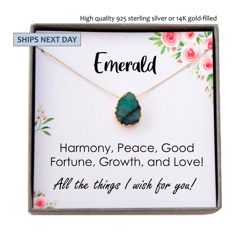 Raw Emerald Necklace Gold, Green Emerald Stone Necklace, May Birthstone Gift, Gemstone Slice Pendant Necklace Layered Necklaces hope healing
