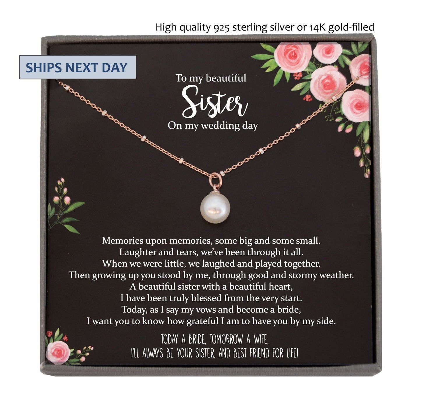 Sister of the Bride Gift Necklace, Sister Wedding Gift from Bride to Sister rehearsal dinner Gift to my Sister on my Wedding Day