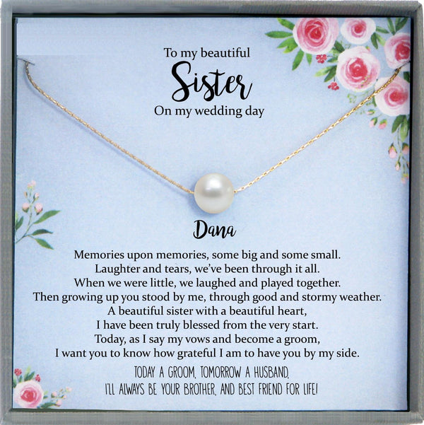 Groom to Sister Gift from Groom on Wedding Day, Rehearsal Dinner Gift to Sister from Brother Wedding Gift, Floating Pearl Necklace