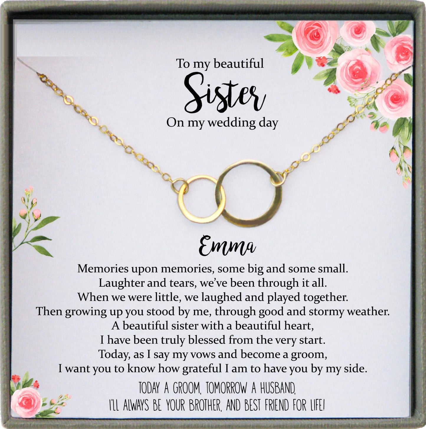 Groom to Sister Gift from Groom on Wedding Day, Rehearsal Dinner Gift to Sister from Brother Wedding Gift