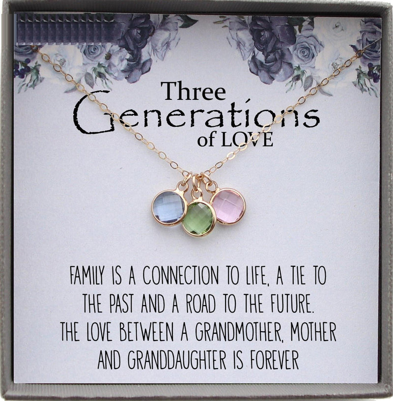 Generations Necklace for Grandma, mom, and granddaughter, Birthstone Necklace