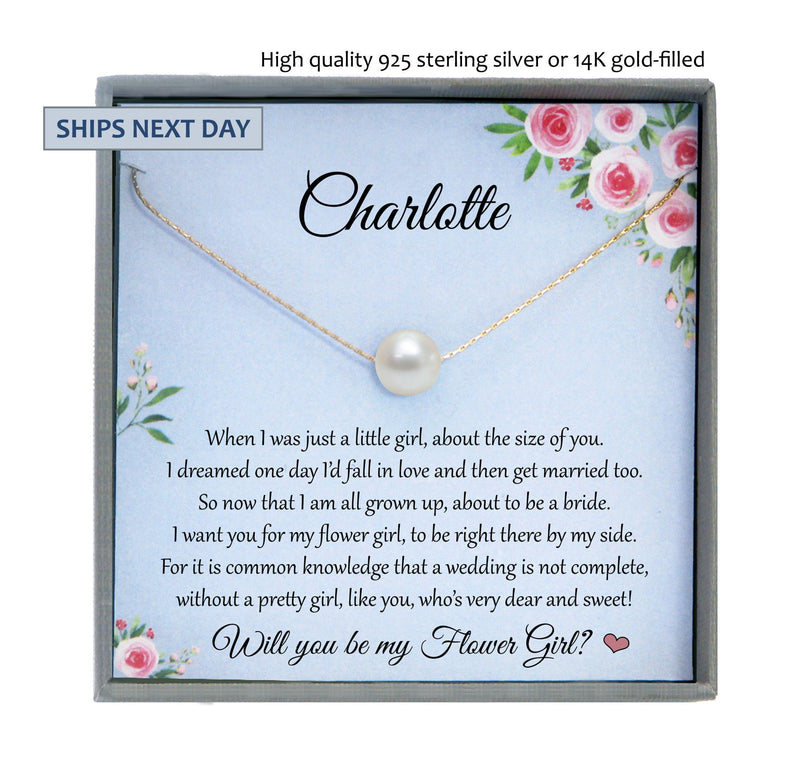 Flower Girl Proposal Gift Will you be my Flower Girl Necklace, Personalized flower girl gift Wedding Gift, Single Pearl Necklace