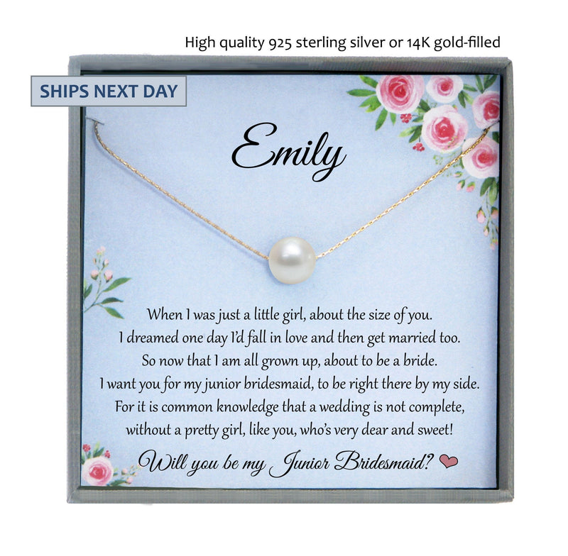 Junior Bridesmaid Proposal Gift Will you be my Junior Bridesmaid Necklace, Personalized Junior Bridesmaid Wedding Gift Single Pearl Necklace