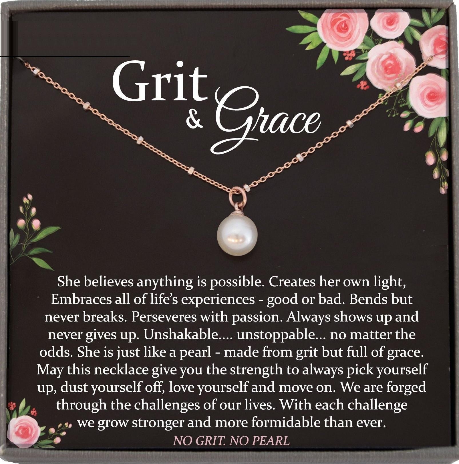 Encouragement Gifts, Grit and Grace, No Grit No Pearl Warrior Necklace Inspirational Gifts Strength Necklace Sobriety Recovery Breast Cancer