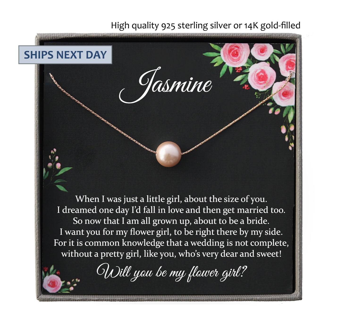Will you be my Flower Girl Proposal Gift Flower Girl Necklace, Personalized flower girl gift Wedding Gift, Single Pearl Necklace