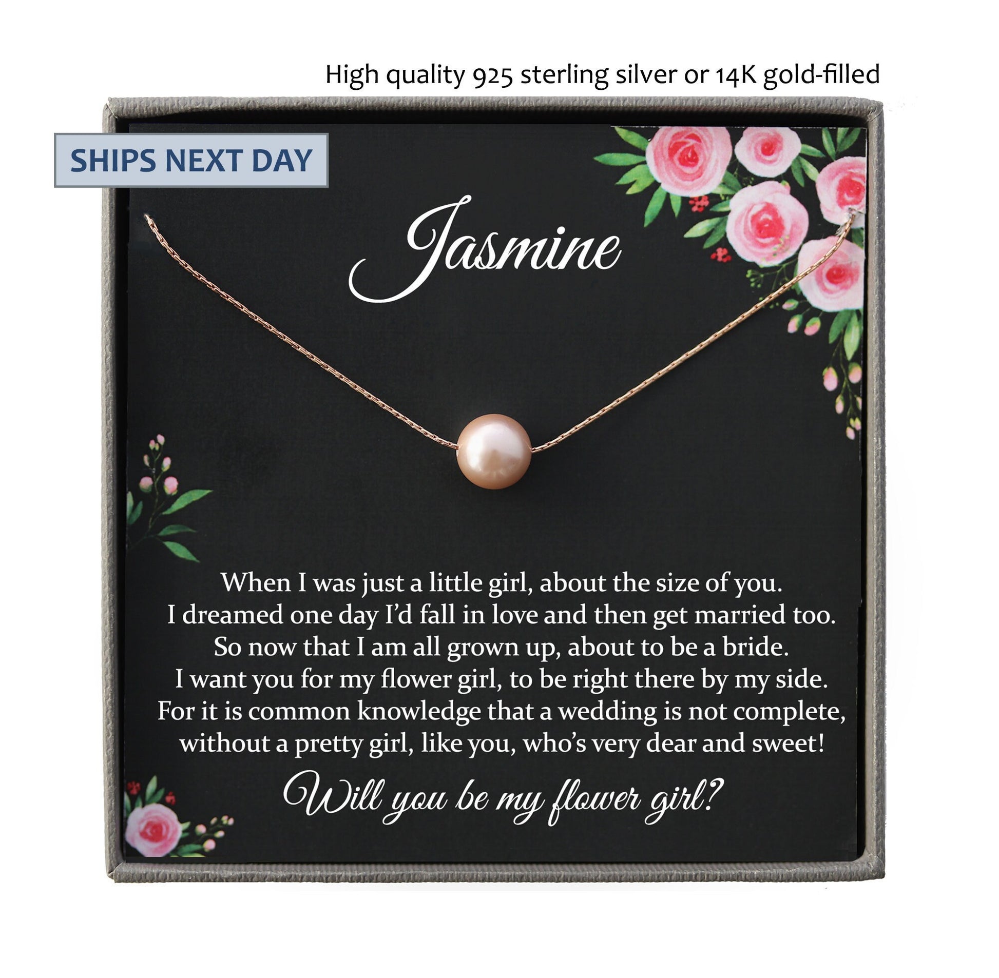 Will you be my Flower Girl Proposal Gift Flower Girl Necklace, Personalized flower girl gift Wedding Gift, Single Pearl Necklace