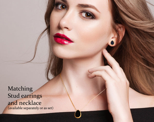 Black Onyx Earrings Studs Gold for women, Onyx Stud Earrings, Small Black Stud Earrings Gemstone Earrings, Gold Electroplated Black Earrings