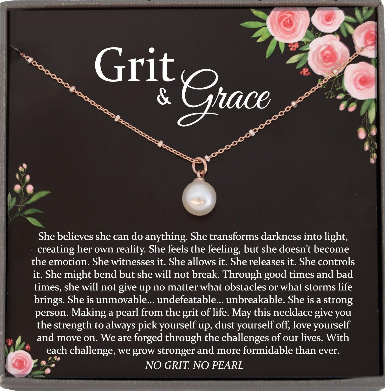 Encouragement Gifts, Grit and Grace, No Grit No Pearl Warrior Necklace Inspirational Gifts Strength Necklace Sobriety Recovery Breast Cancer