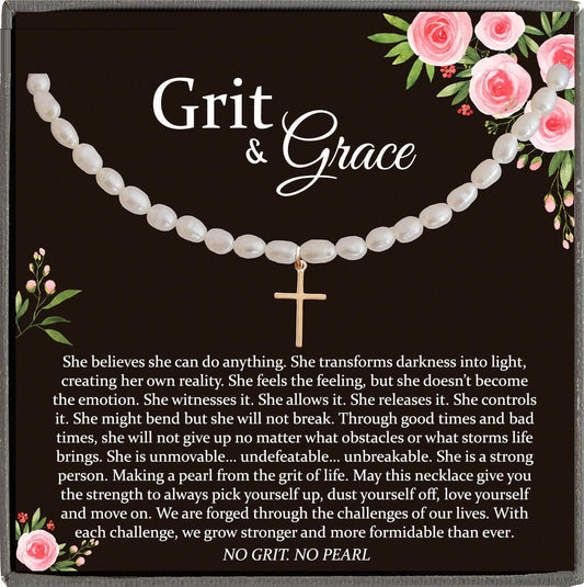 Encouragement Gifts, Grit and Grace, No Grit No Pearl Warrior Necklace Inspirational Gifts Strength Necklace Sobriety Recovery Breast Cancer