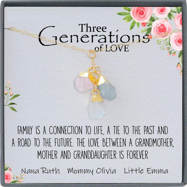 Generations Necklace for Grandma, Mom, and Granddaughter, Birthstone Necklace, Raw Crystal Necklace
