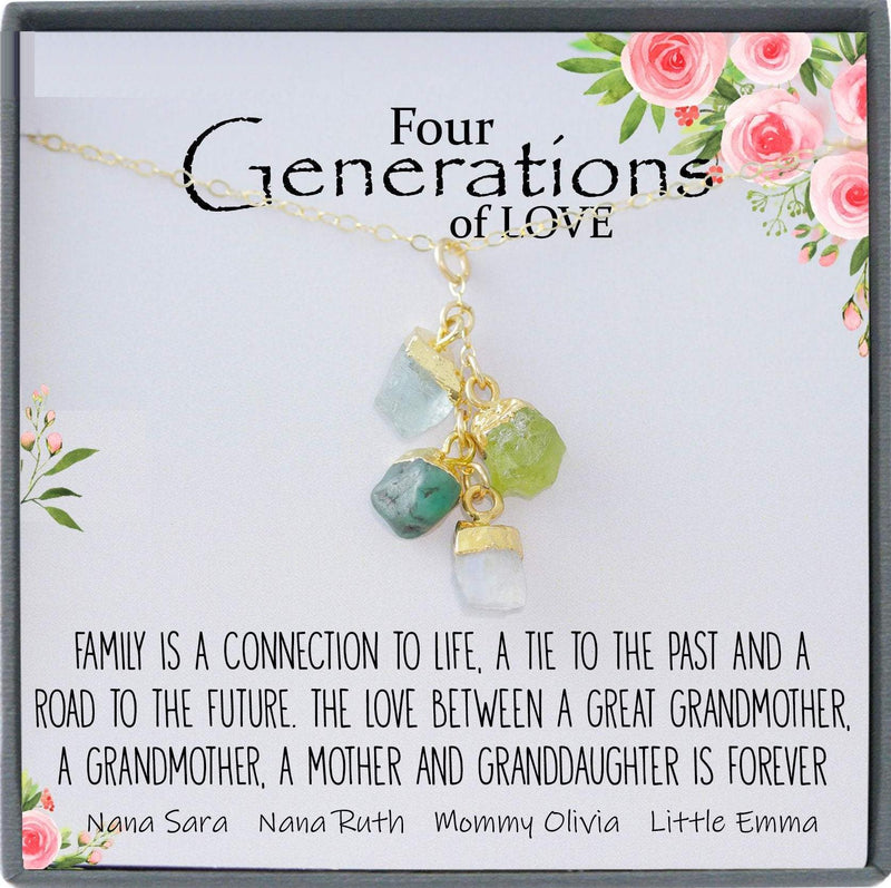 4 Generations Necklace for Great Grandma, Grandma, Mom, and Granddaughter, Birthstone Necklace, Raw Crystal Necklace