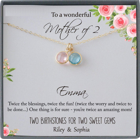 Second Time Mom Gift Birthstone Necklace for Mom Gift for Birth of 2nd Child, Baby Number 2 gift, Second Child, Twin Mama Twin Baby Gift