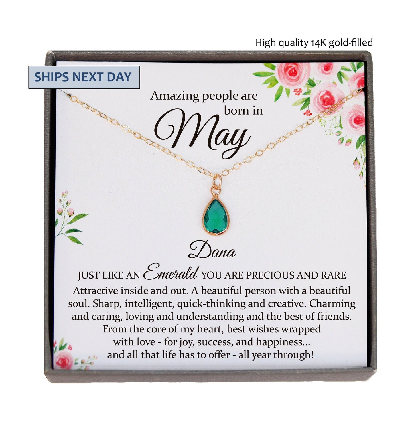 May Birthstone Necklace, Emerald Necklace Gold, May Birthday Gifts, Dainty Necklaces for Women