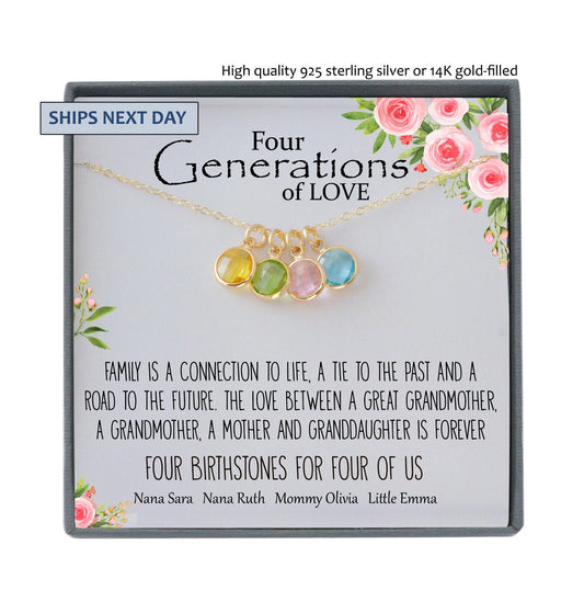 4 Generations Necklace for Great Grandma, Grandma, Mom, and Granddaughter, Birthstone Necklace,