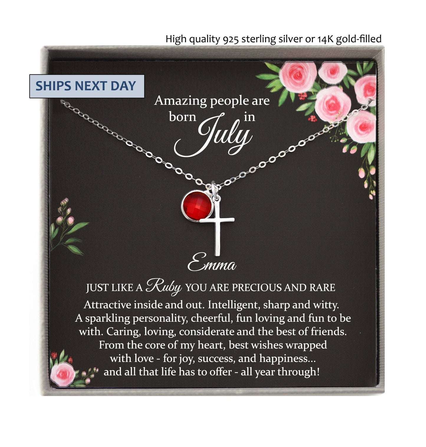 July Birthstone Necklace, July Birthday Gift Cross Necklace, July Necklace, Personalized Birthday Gifts for Her, Personalized gifts women