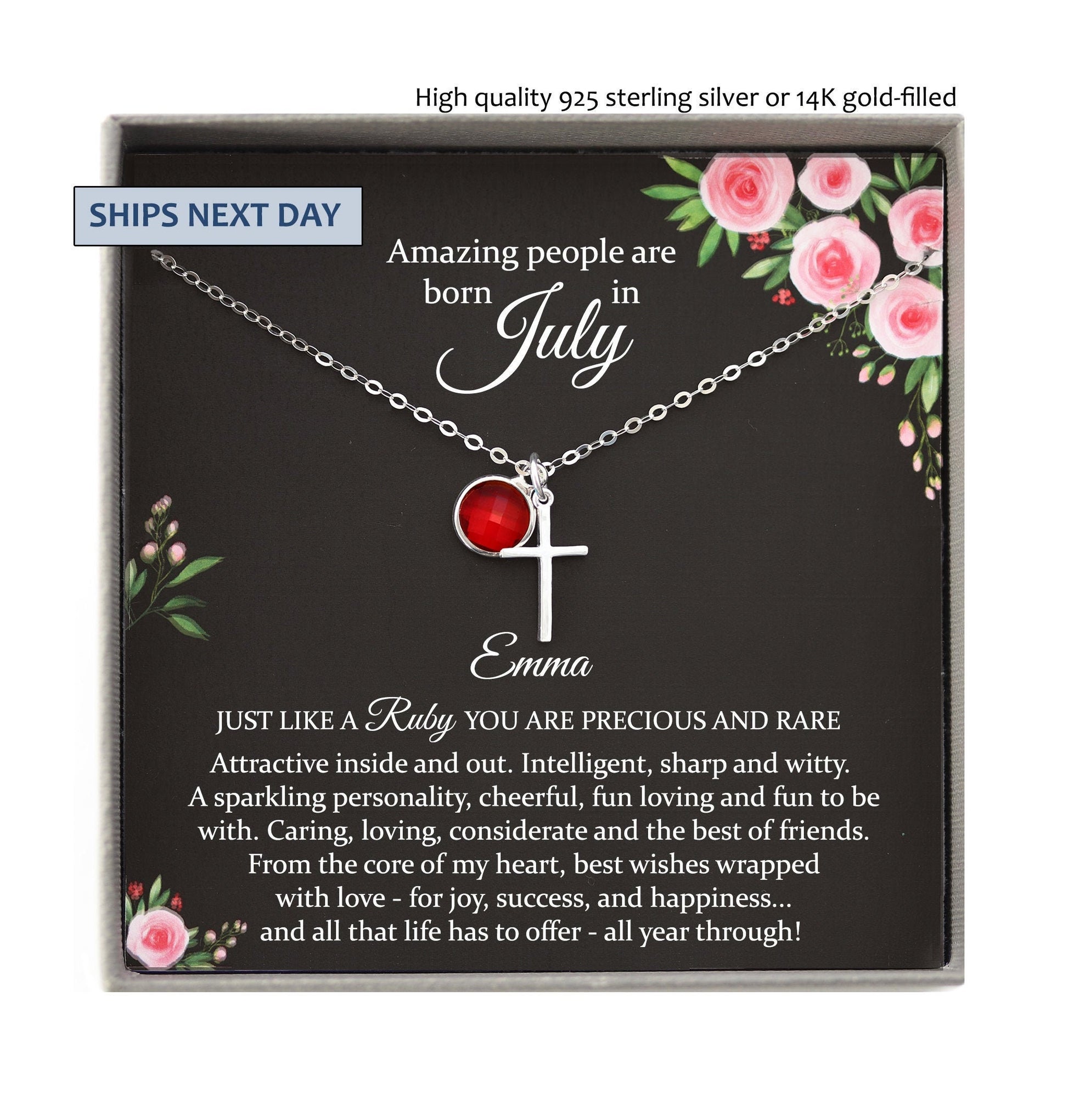 July Birthstone Necklace, July Birthday Gift Cross Necklace, July Necklace, Personalized Birthday Gifts for Her, Personalized gifts women