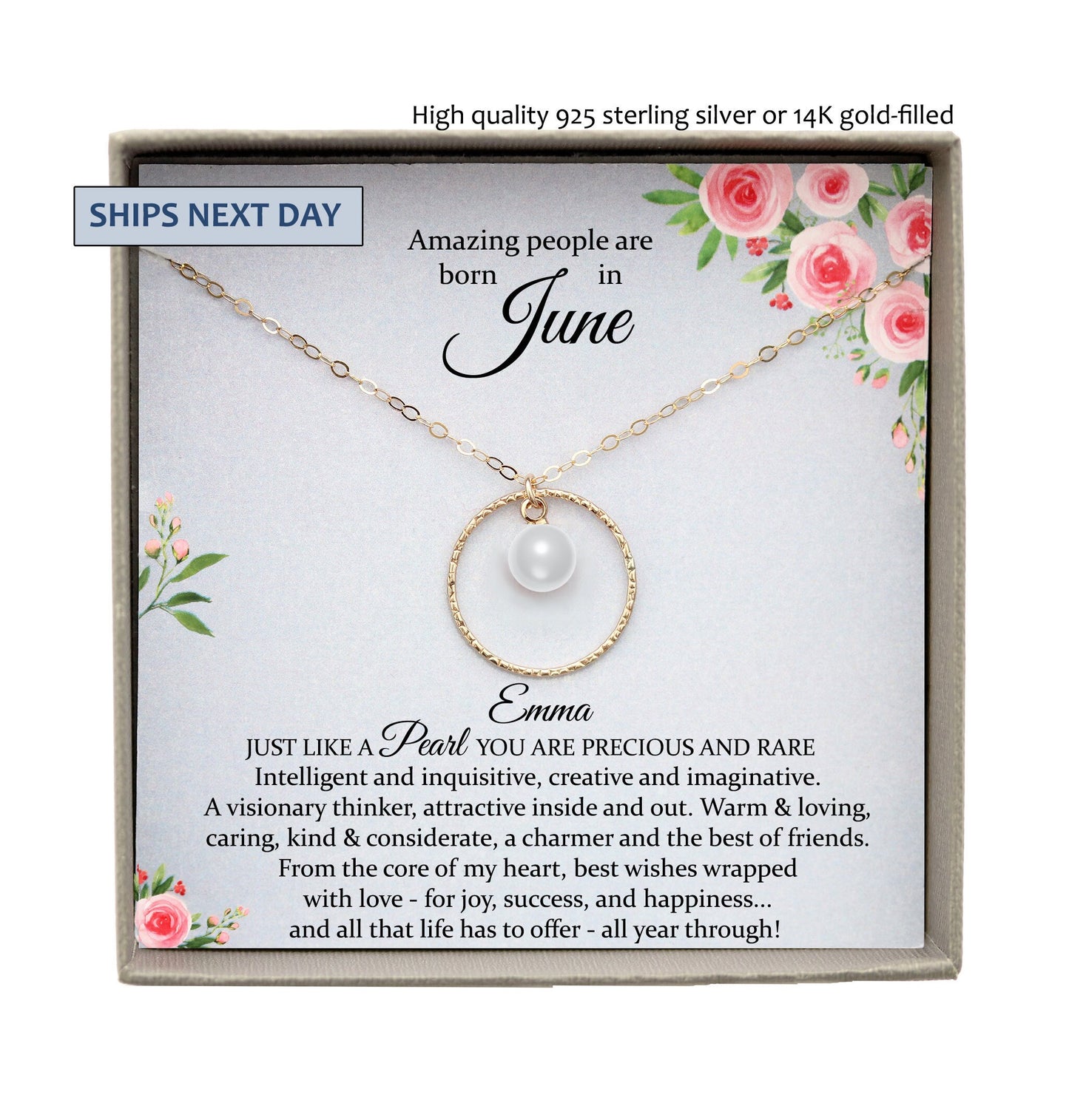June Birthstone Necklace, June Birthday Gift Pearl Necklace, June Necklace, Personalized Birthday Gifts for Her, Personalized gifts women
