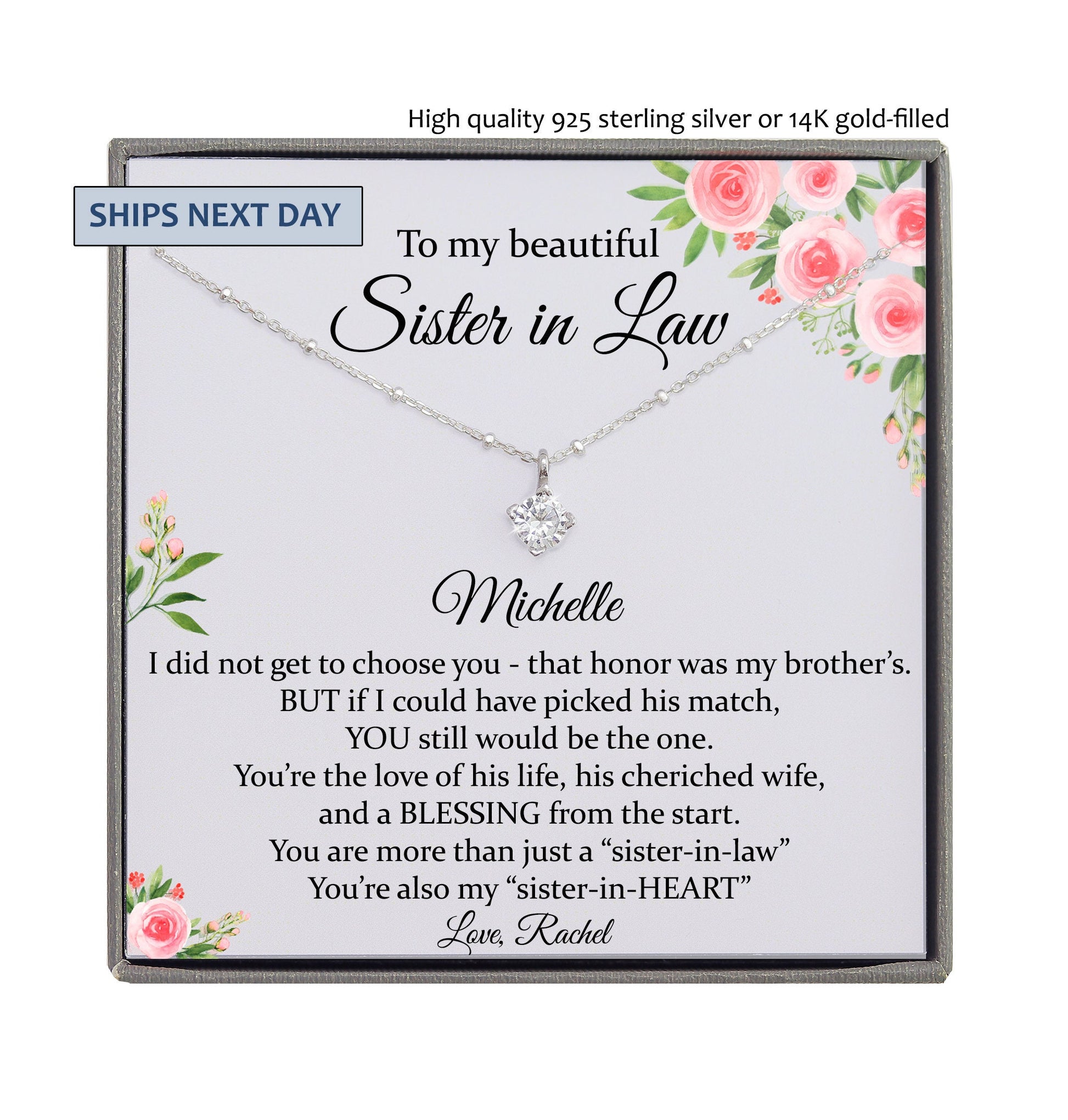 Sister-In-Law Gift Necklace, Personalized Sister in Law Birthday Gift, Jewelry From Sister-In Law 925 Sterling Silver or 14K Gold-Filled