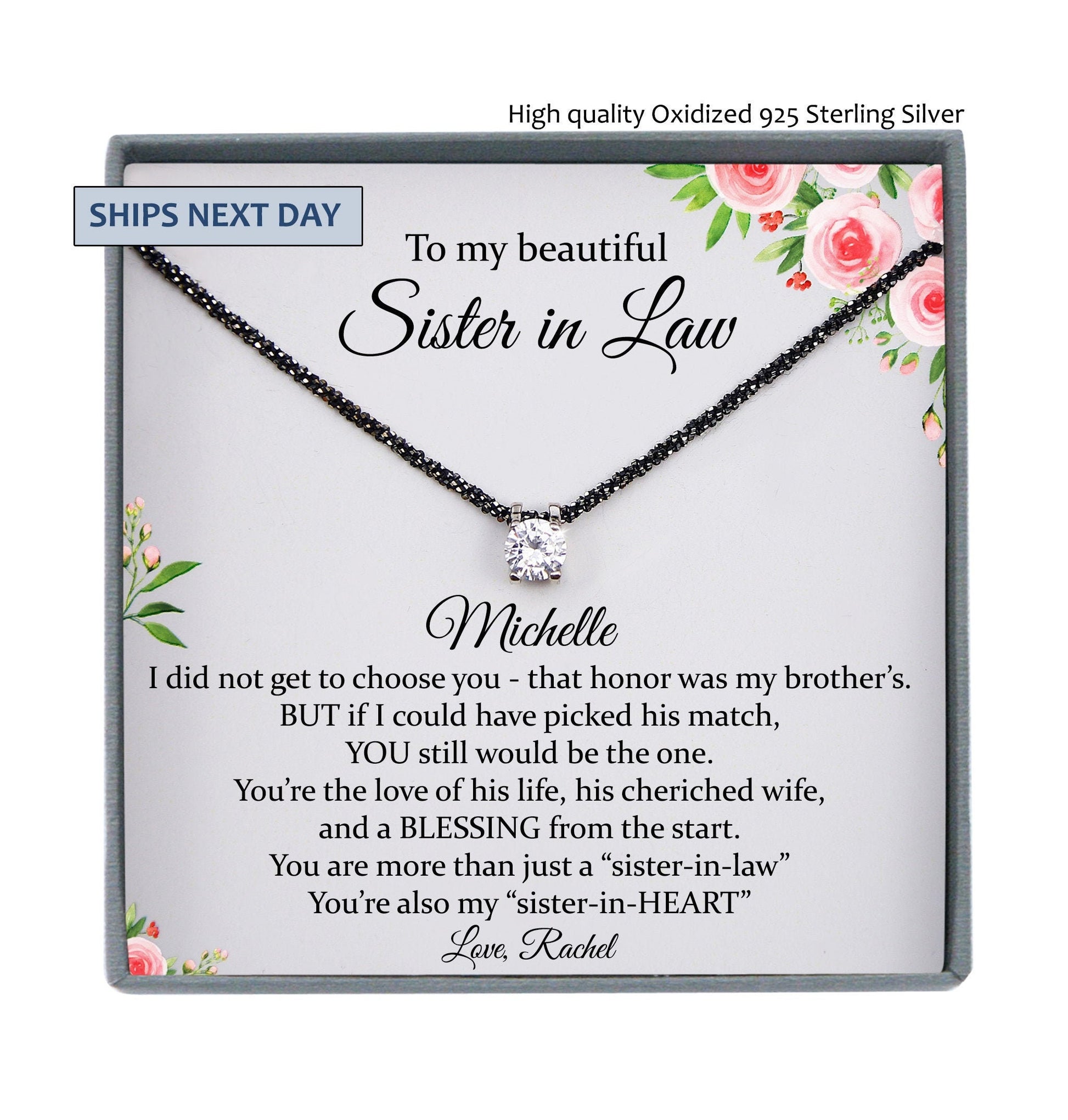 Sister-In-Law Gift Necklace, Personalized Sister in Law Birthday Gift, Jewelry From Sister-In Law 925 Sterling Silver