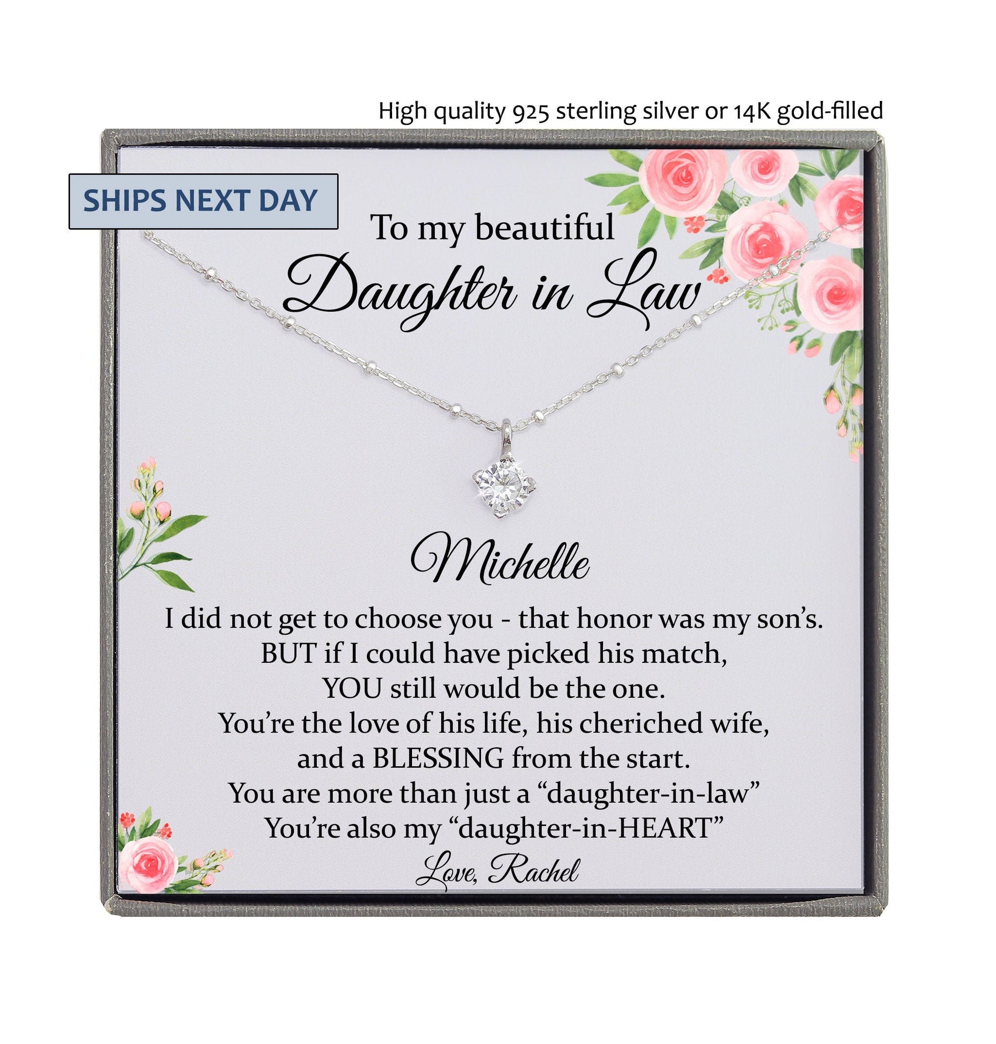 Daughter-In-Law Gift Necklace, Personalized Daughter in Law Birthday Gift, Jewelry From Mother-In Law 925 Sterling Silver or 14K Gold-Filled
