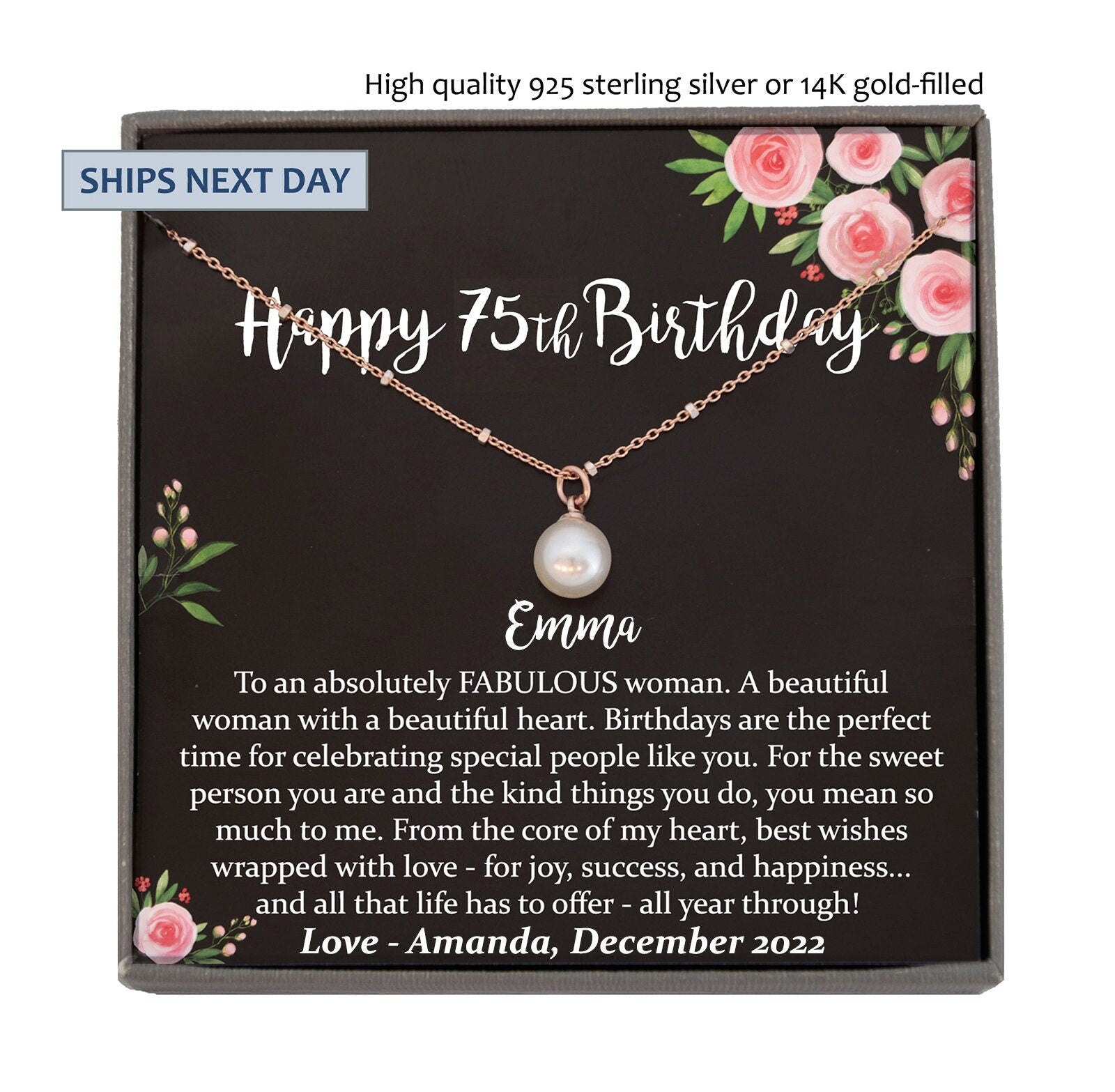 75th Birthday Gift for Women, 75 year old birthday gift, 75th birthday necklace, gift for 75 year old woman, Personalized 75th Birthday Gift