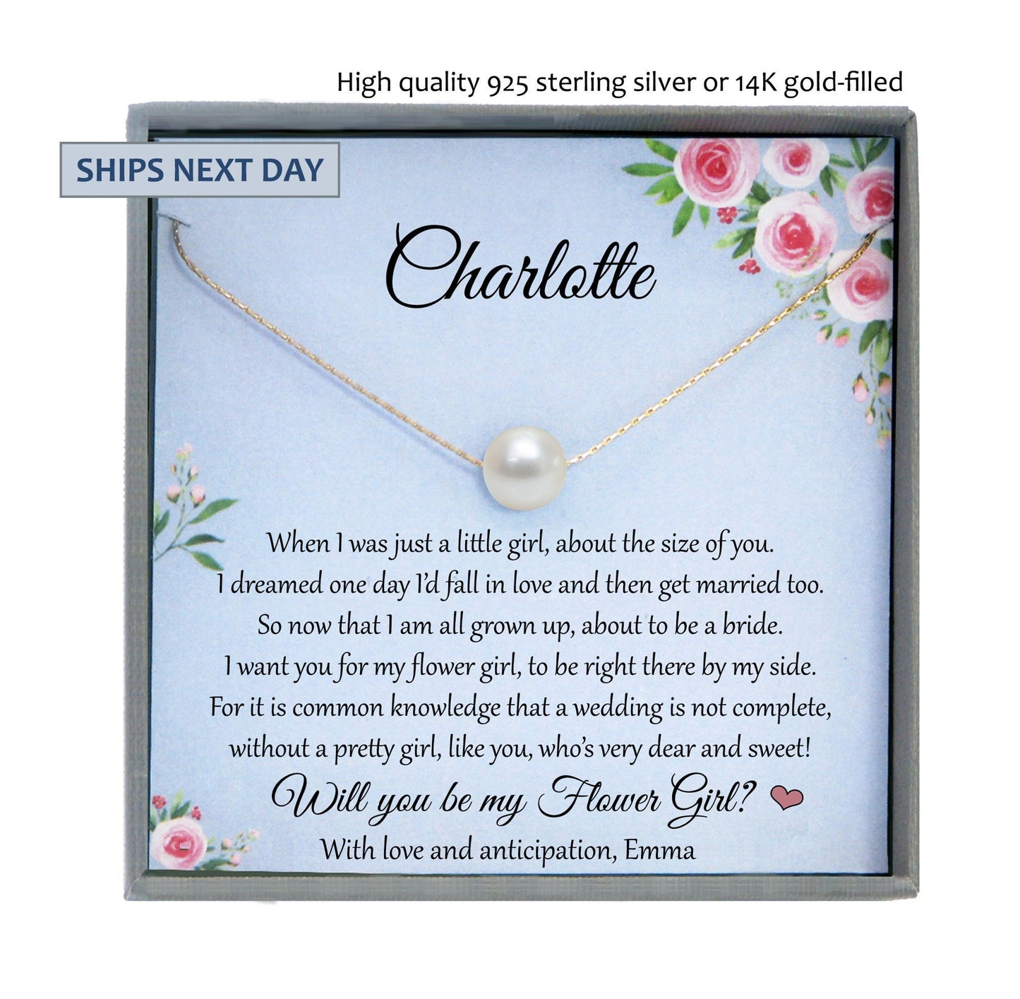 Flower Girl Proposal Gift Will you be my Flower Girl Necklace, Personalized flower girl gift Wedding Gift, Single Pearl Necklace