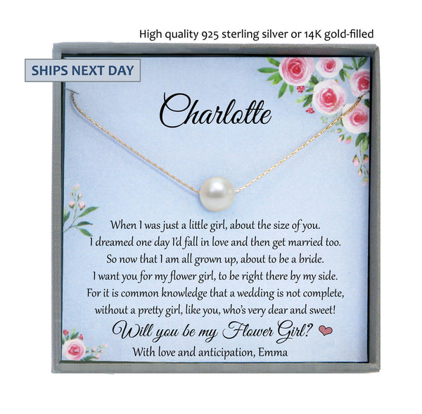 Flower Girl Proposal Gift Will you be my Flower Girl Necklace, Personalized flower girl gift Wedding Gift, Single Pearl Necklace