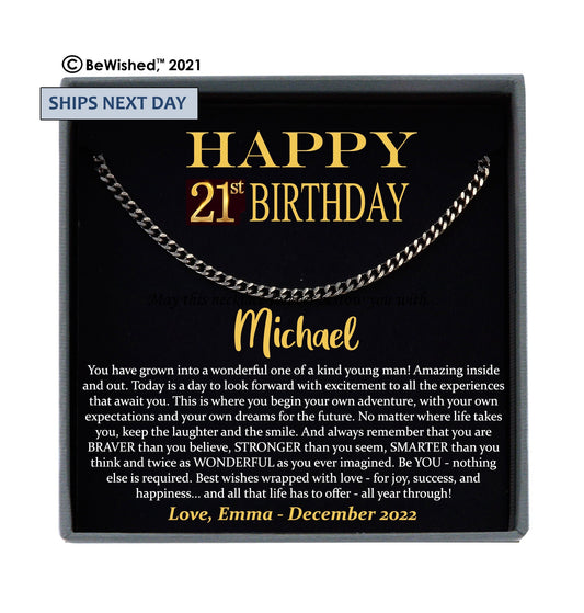 21st Birthday Gift for Him Personalized Birthday Gift Ideas, Gift for 21sth Birthday Men, Twenty First Birthday, Cuban Link Necklace