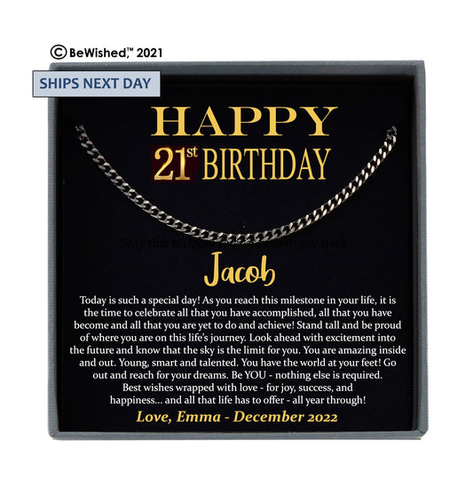 21st Birthday Gift for Him Personalized Birthday Gift Ideas, Gift for 21sth Birthday Men, Twenty First Birthday, Cuban Link Necklace